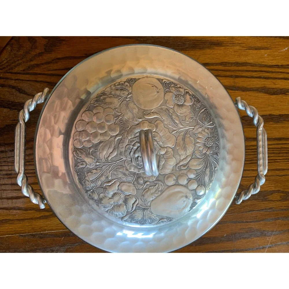 Vintage Hammered Aluminum Casserole Serving Dish with Divided Pyrex Insert 595